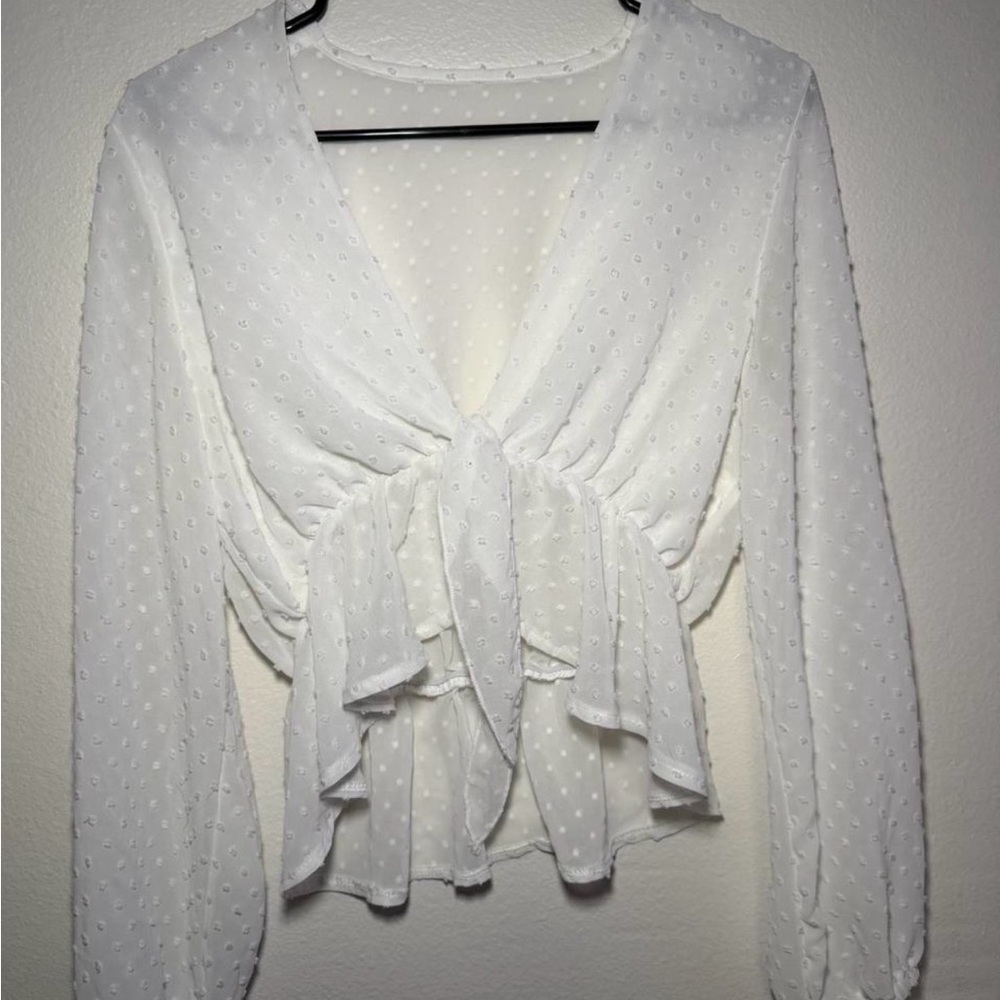 SHEIN White Swiss Dot Tie-Front Peplum Blouse